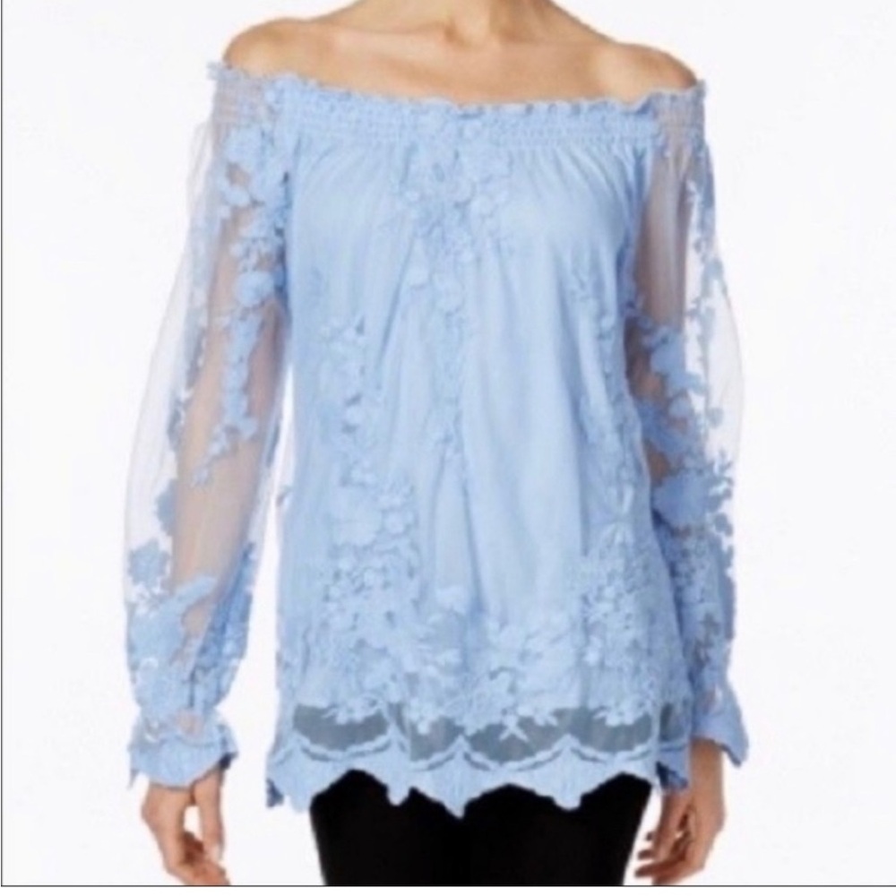 Marled Stunning Blue Off-Shoulder Lace Top